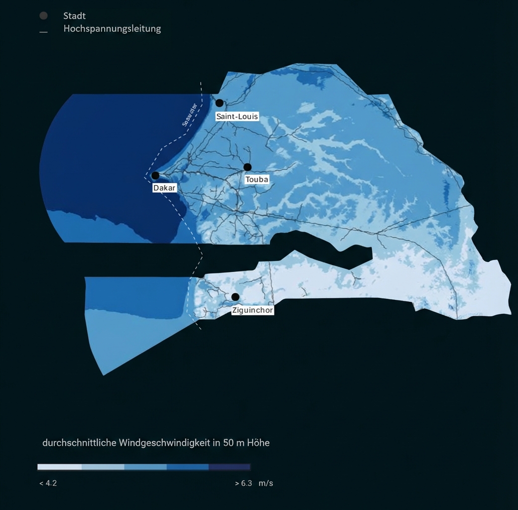 Karte von Senegal mit Windzonen, Städten (Dakar, Saint‑Louis, Touba, Ziguinchor) und Hochspannungsleitungen